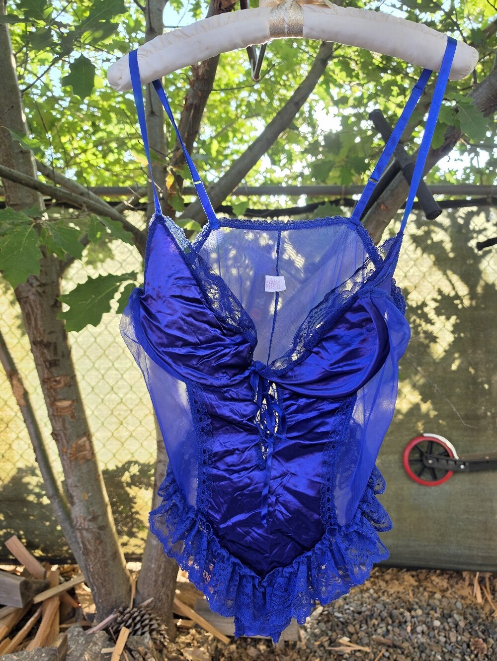 Vtg 80's 90's Royal Blue Satin Lace Lingerie Teddy Bodysuit Romantic Boudoir - Picture 2 of 12